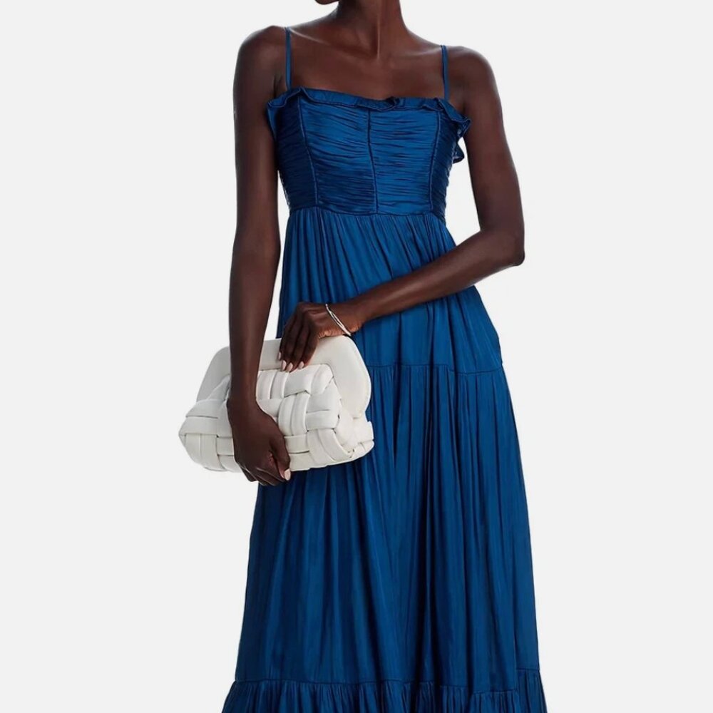 AQUA Ruched top tiered teal silk maxi dress